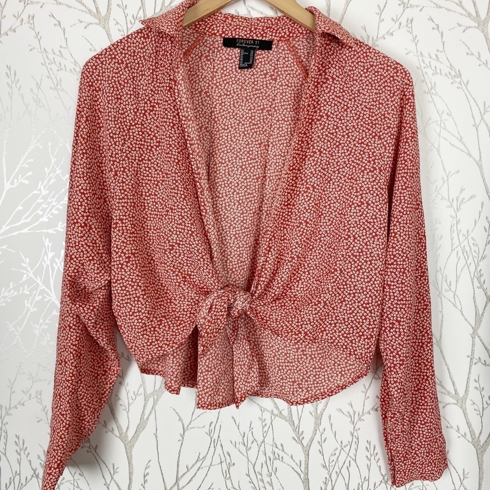 FOREVER 21 Red Floral Open Front Tie Blouse XS - Picture 9 of 9